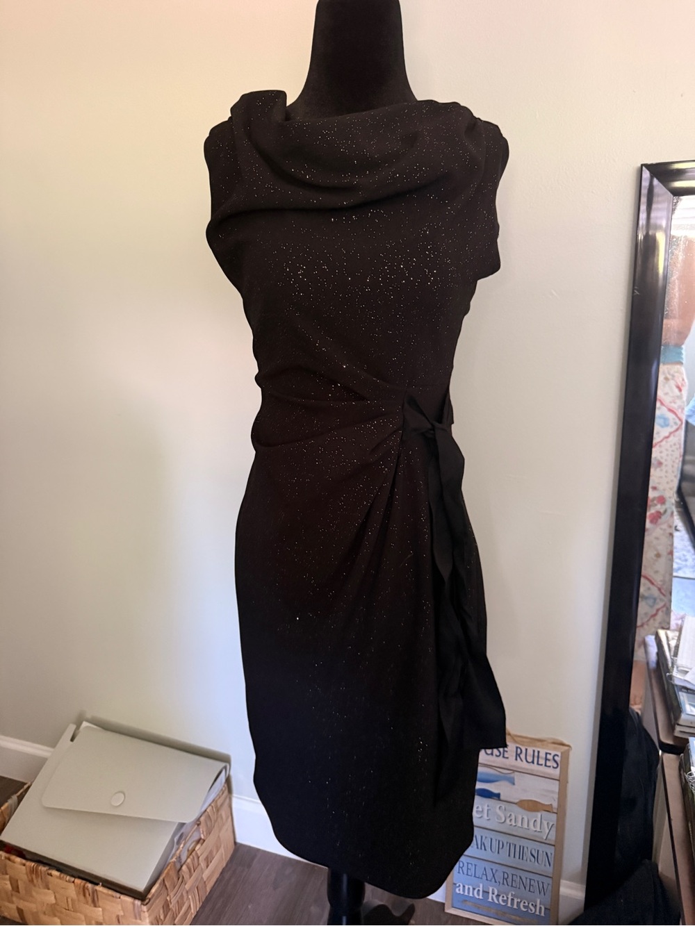 Taylor Black Sparkle Cowl-Neck Midi Dress